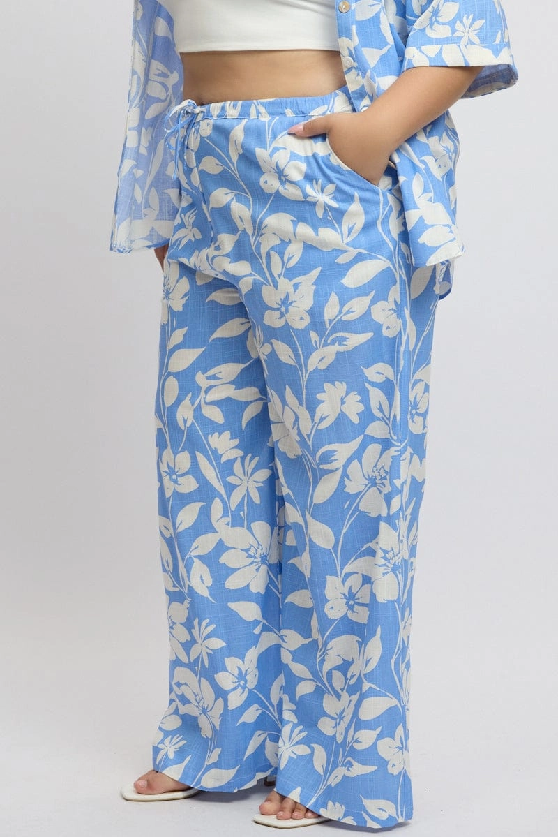Blue Abstract Drawstring Waist Wide Leg Linen Blend Pants SlimFit Structured fabric