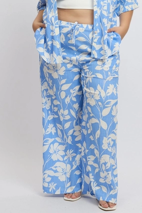 Blue Abstract Drawstring Waist Wide Leg Linen Blend Pants Sporty Touch