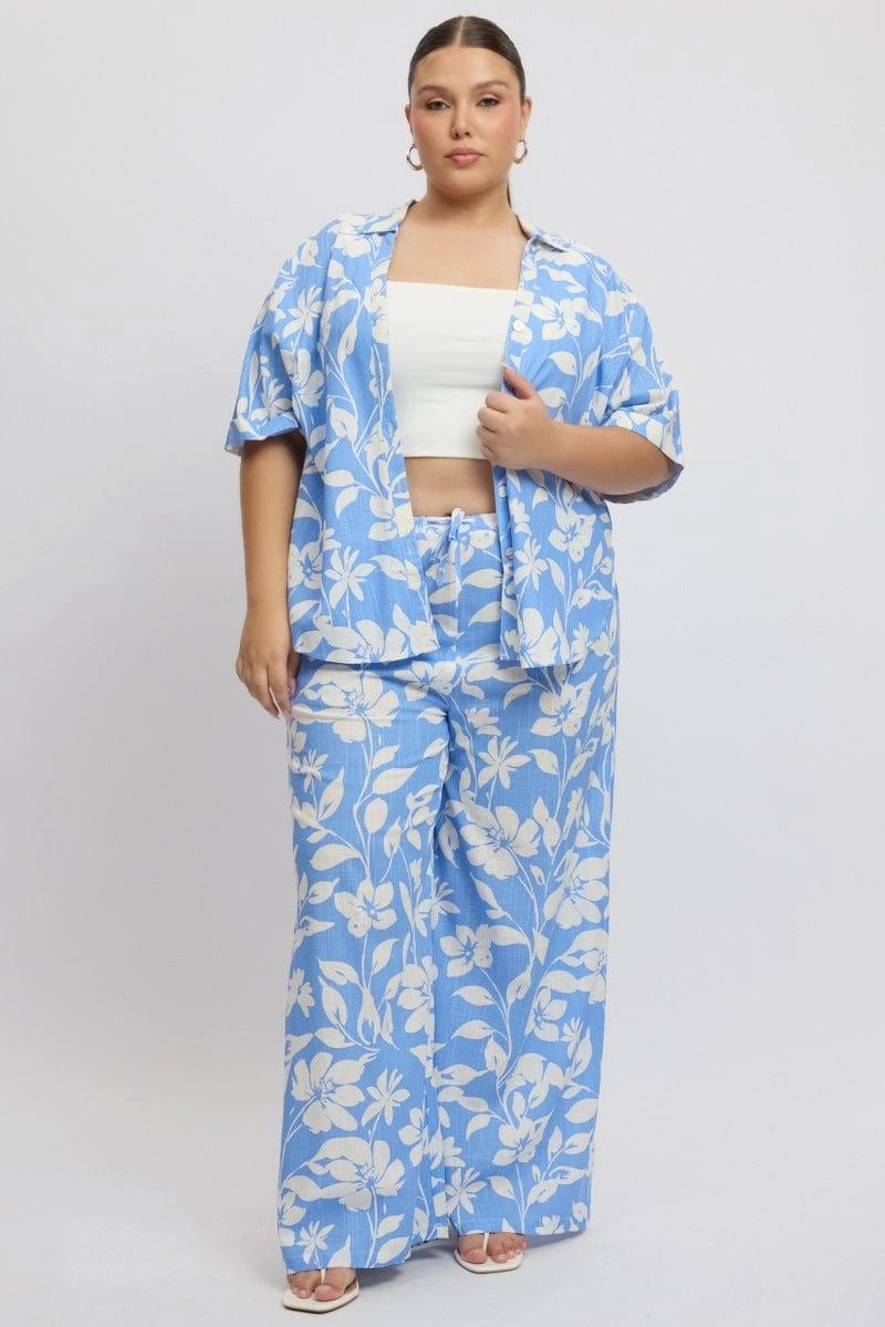 Blue Abstract Drawstring Waist Wide Leg Linen Blend Pants Eco Friendly Dyeing