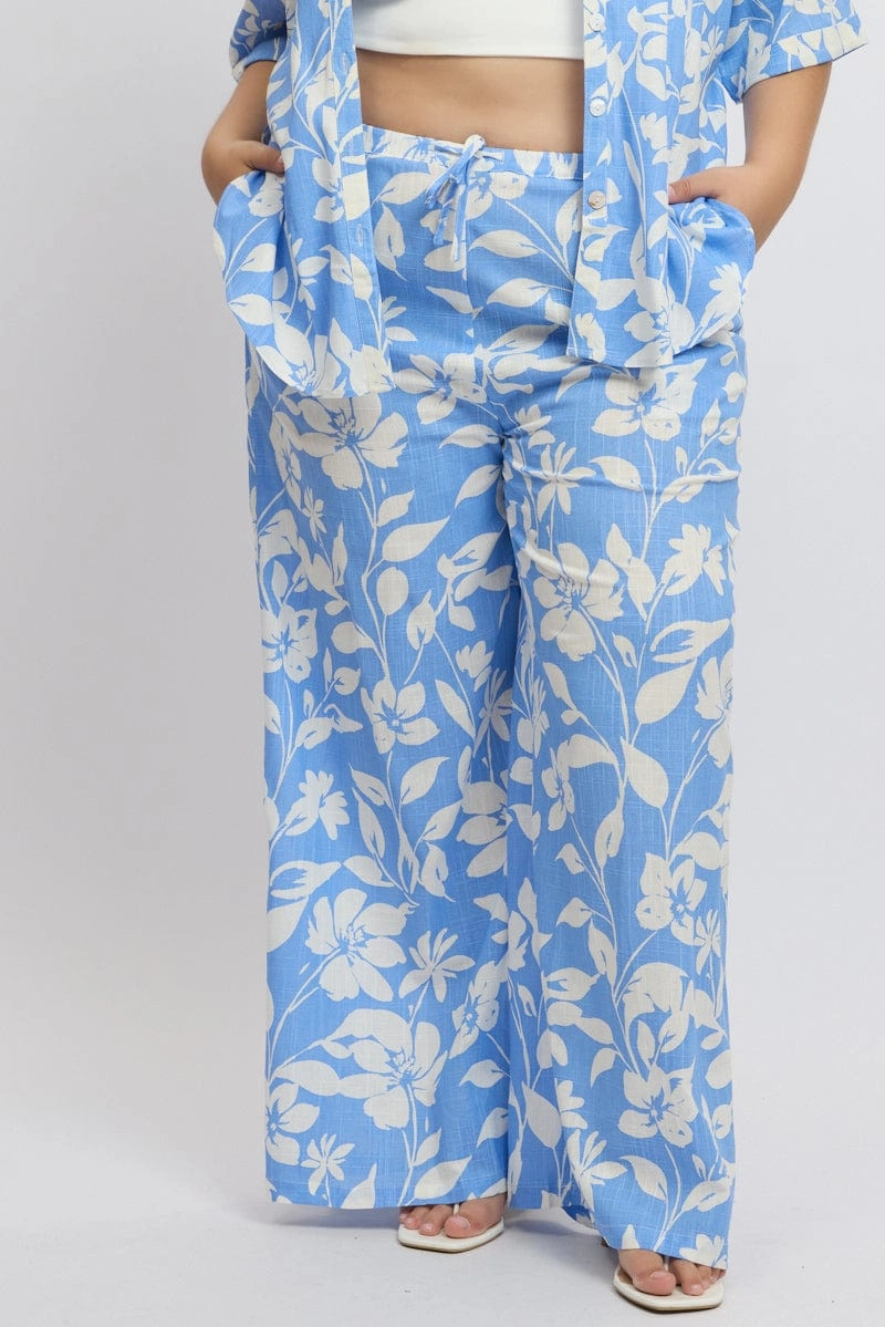 Blue Abstract Drawstring Waist Wide Leg Linen Blend Pants Sporty Touch