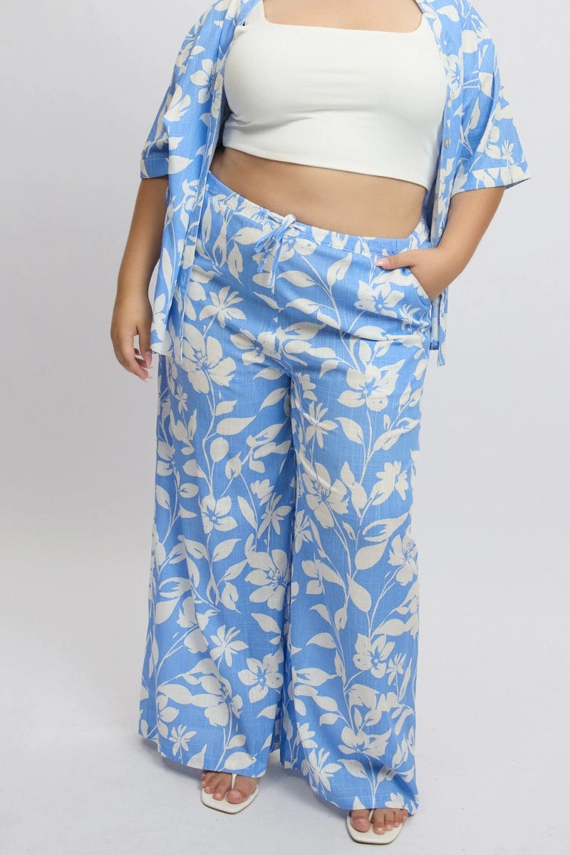 Blue Abstract Drawstring Waist Wide Leg Linen Blend Pants Warm design