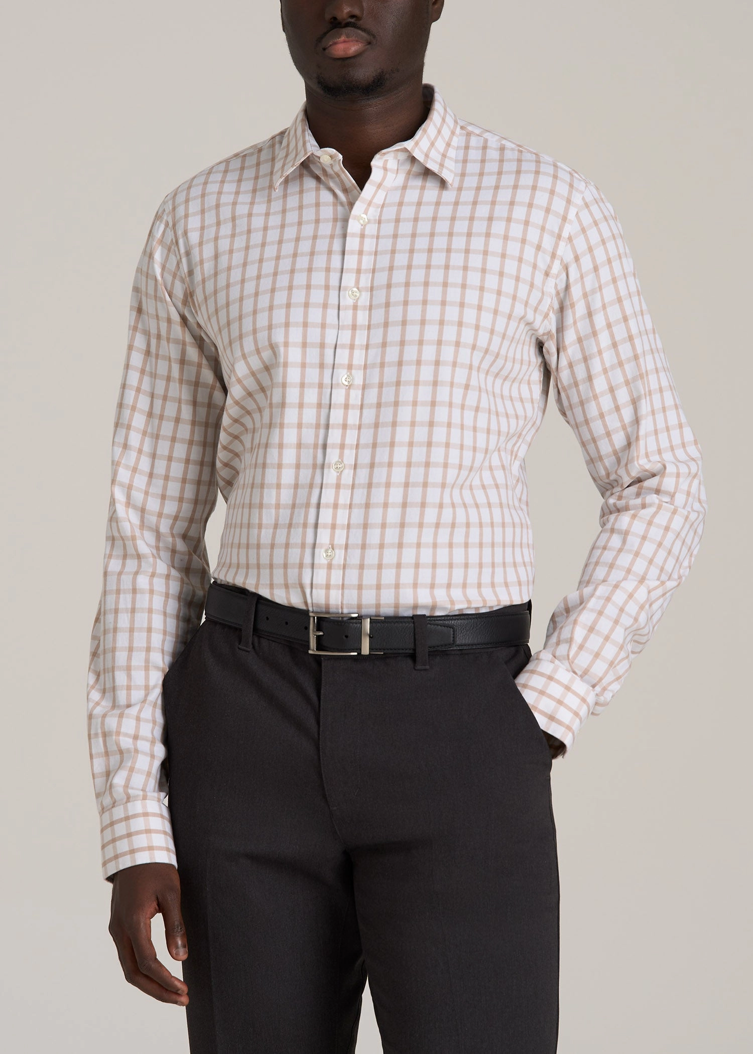 Oskar Button-Up Dress Shirt for Tall Men in Beige Grid Eco Friendly Dye Process