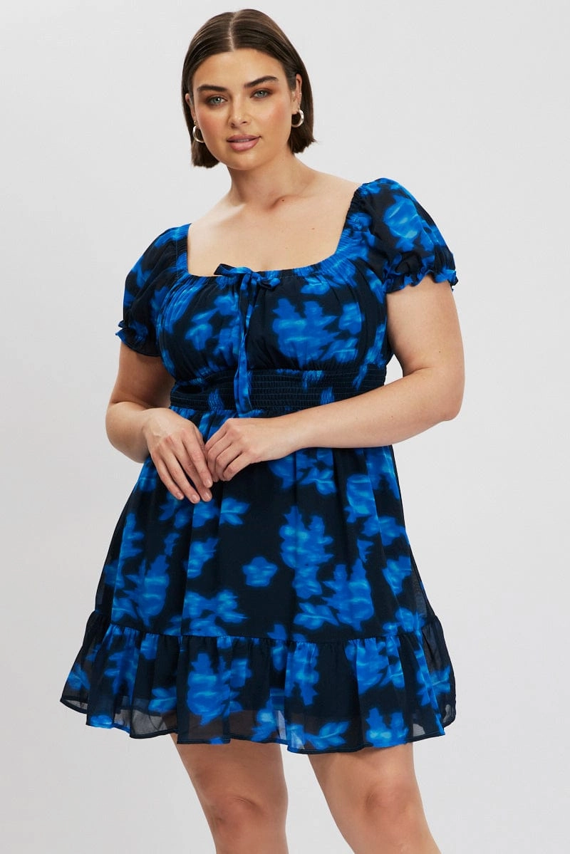 Playful touch Blue Abstract Bow Front Shirred Waist Mini Dress