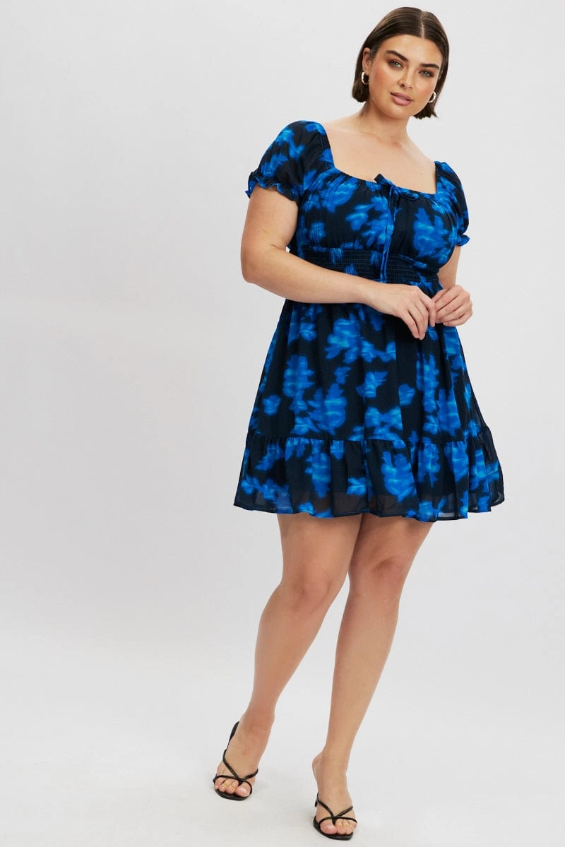 Chic Fit Wear Japan Line Blue Abstract Bow Front Shirred Waist Mini Dress