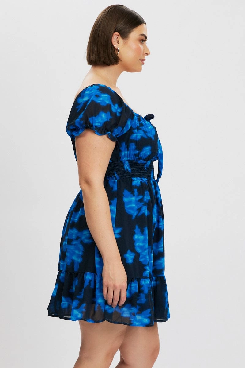 Cool Movement Ombre-Effect Blue Abstract Bow Front Shirred Waist Mini Dress