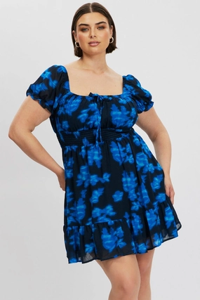 Blue Abstract Bow Front Shirred Waist Mini Dress Mix-And-Match Bold Cut