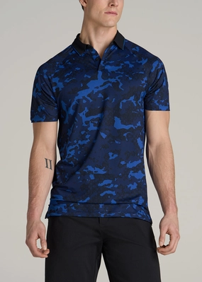 Double Stitched Hem Contrast Collar A.T. Performance Print Golf Tall Men's Polo Shirt in Blue and Black Camo