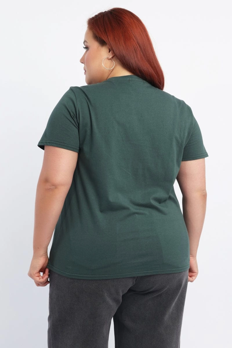 Relaxed Armhole Cut Green Graphic T Shirt Short Sleeve Crew Neck