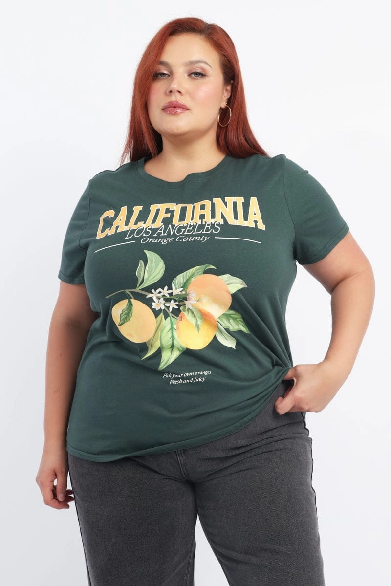 Wrinkle Free Fabric Green Graphic T Shirt Short Sleeve Crew Neck