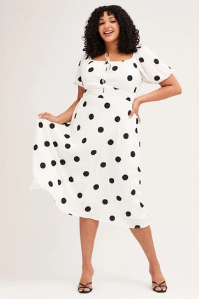 Polka Dot Midi Dress Square Neck Short Sleeve Luxe Fabric Flattering Wearable