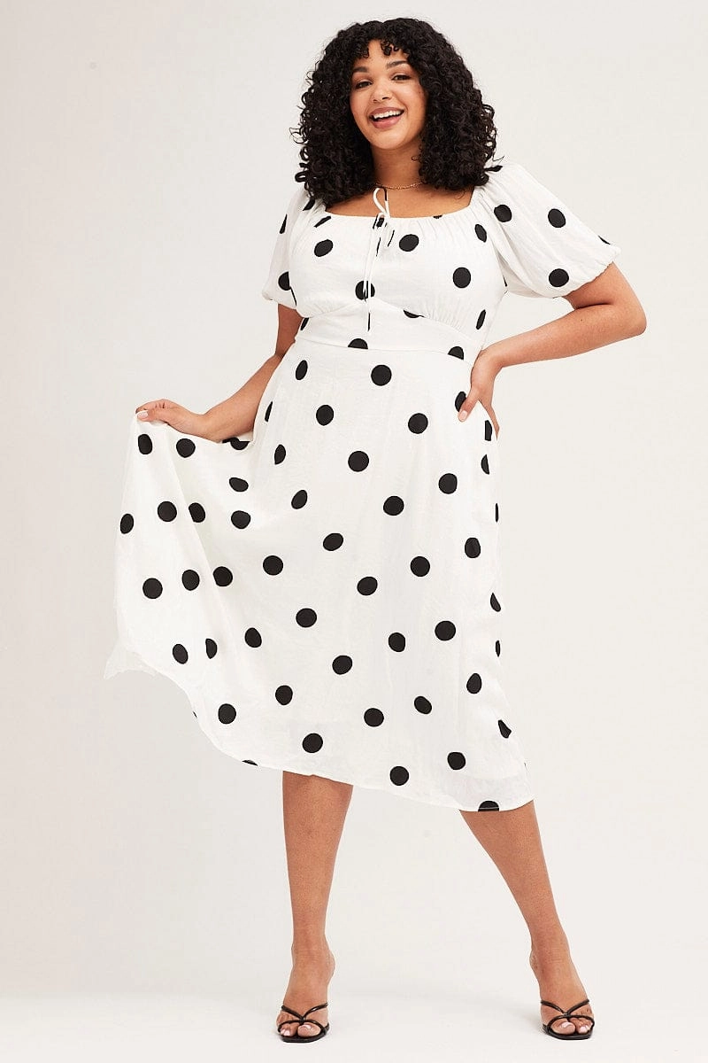 Polka Dot Midi Dress Square Neck Short Sleeve Luxe Fabric Flattering Wearable