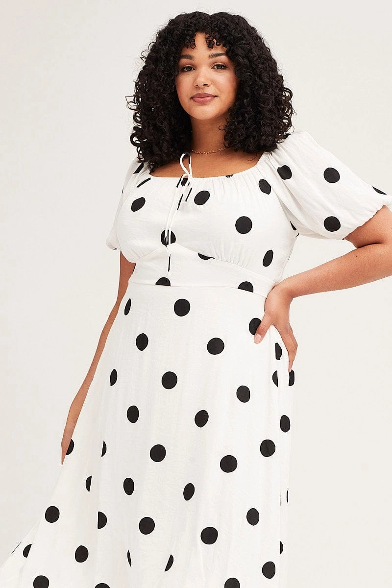 Chic Waist Light Elegance Polka Dot Midi Dress Square Neck Short Sleeve