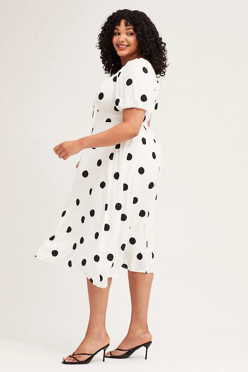 Polka Dot Midi Dress Square Neck Short Sleeve Casual Mode Simple Texture
