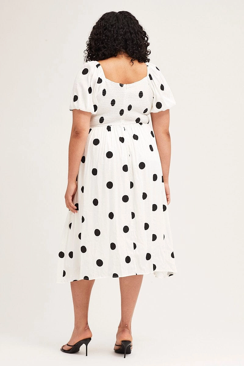 Polka Dot Midi Dress Square Neck Short Sleeve Moment Glow