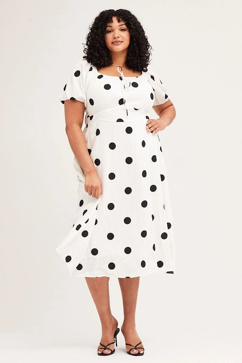 Party Floral Minimal Motion Polka Dot Midi Dress Square Neck Short Sleeve