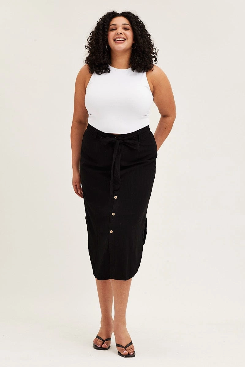Adjustable Fastening Black Button Front Linen Blend Midi Skirt