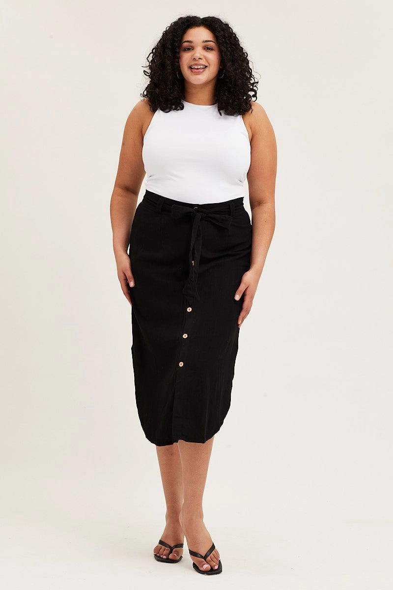Black Button Front Linen Blend Midi Skirt All Occasion Street Edge