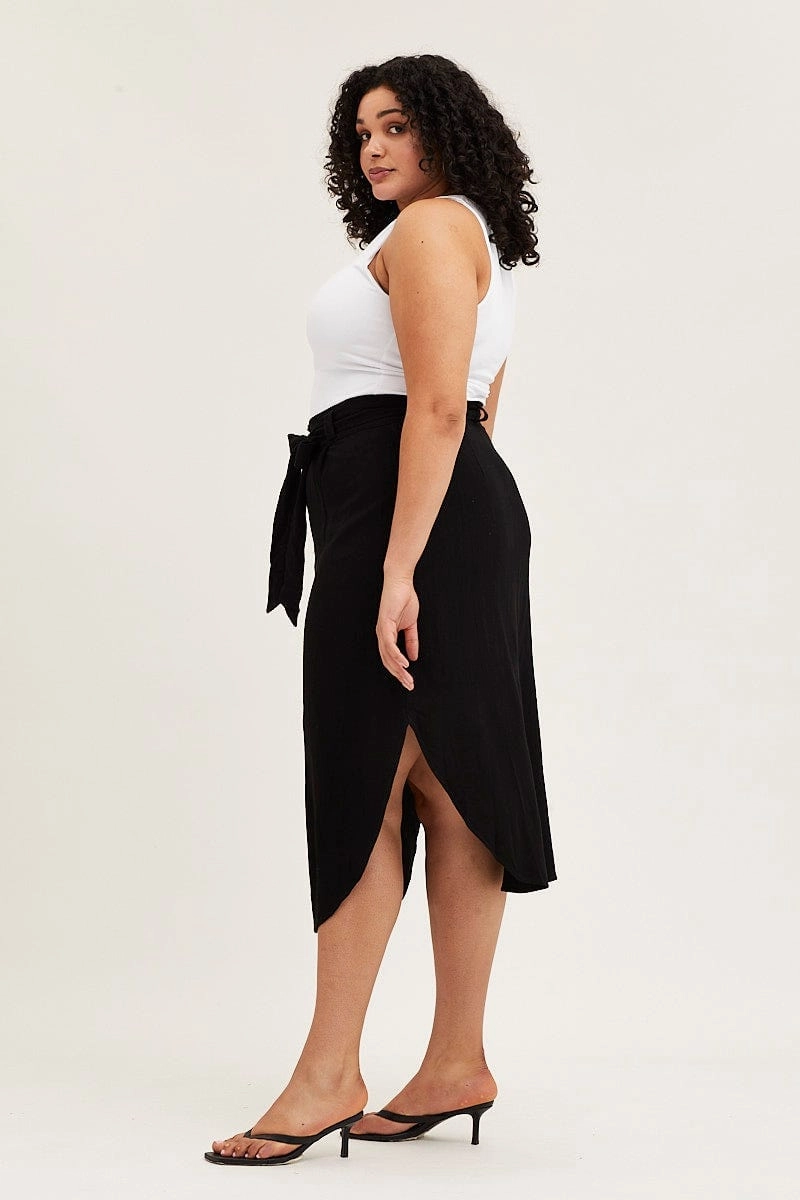 tech fabric Outfit Lineup Black Button Front Linen Blend Midi Skirt