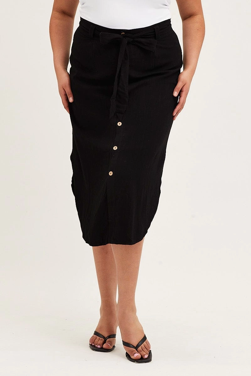 Black Button Front Linen Blend Midi Skirt Breezy Fit