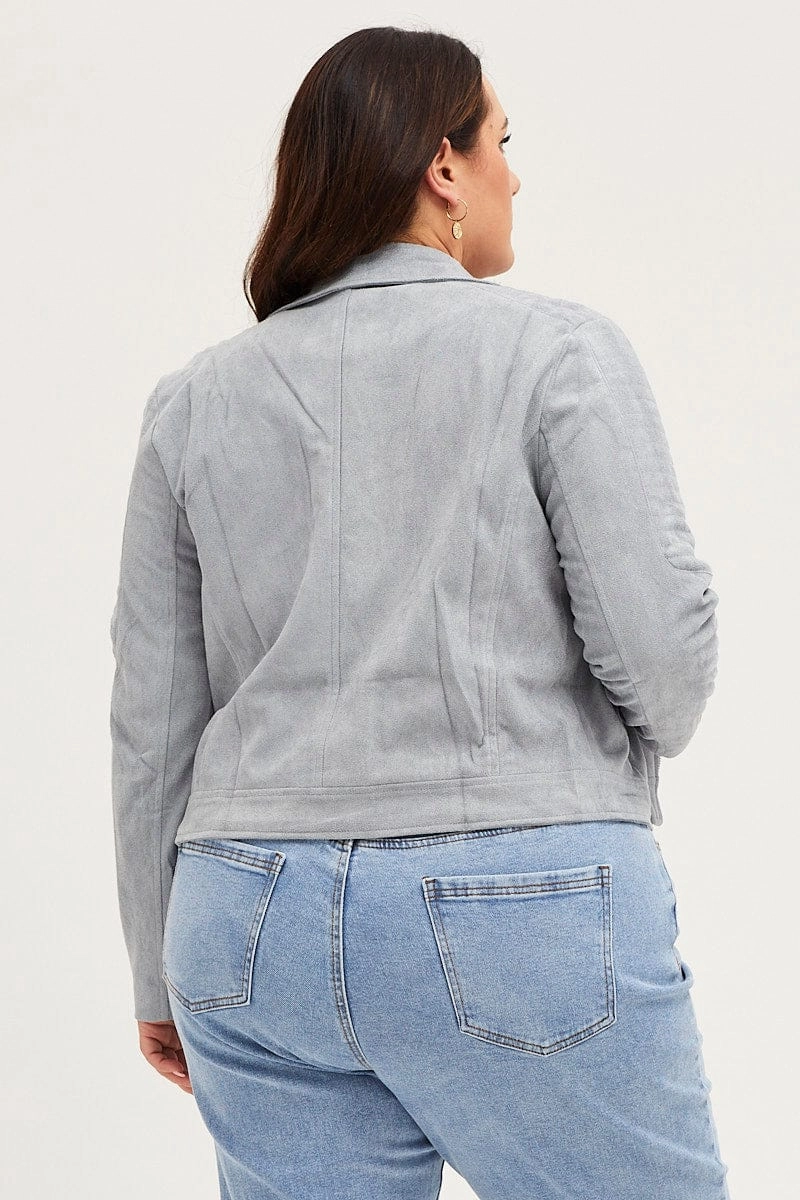 QuiltedPattern Ice Blue Front Jacket Long Sleeve Faux Leather Zip