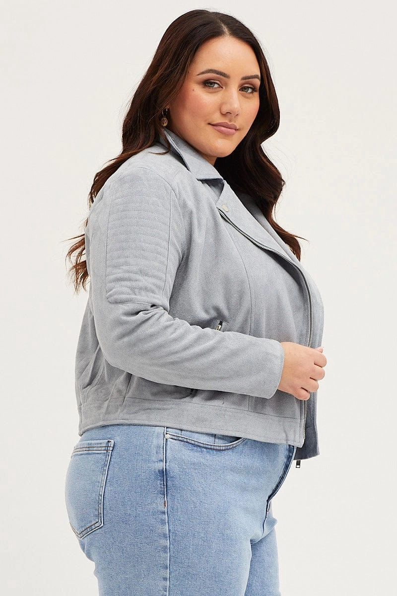 Ice Blue Front Jacket Long Sleeve Faux Leather Zip Matte Surface Texture