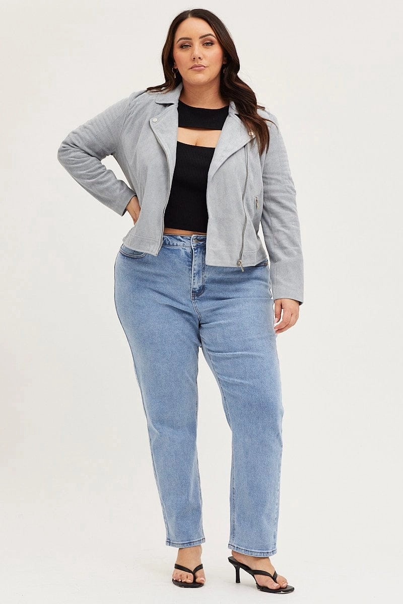Comfy Fit Piece Ice Blue Front Jacket Long Sleeve Faux Leather Zip