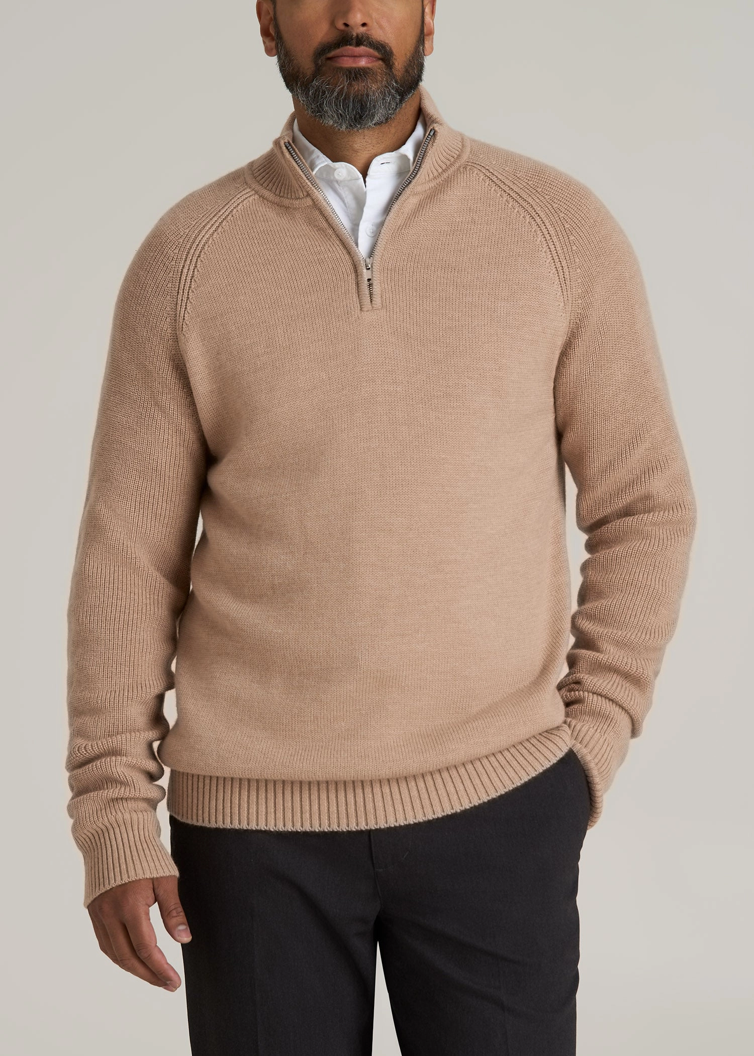 Chunky Merino Quarter-Zip Sweater for Tall Men in Oat product family togetherness