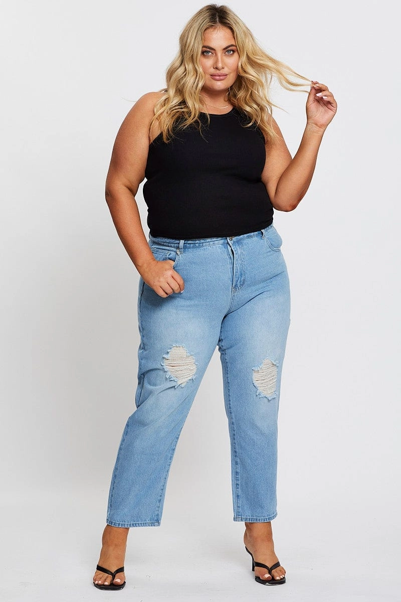 Vintage Lover Teen Outfit Artist Vibe Durable Blue High Rise Straight Denim Jeans
