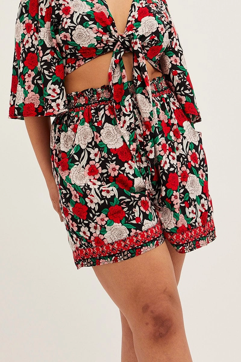 Multi Boho Elastic Waist Shorts thermal fabric
