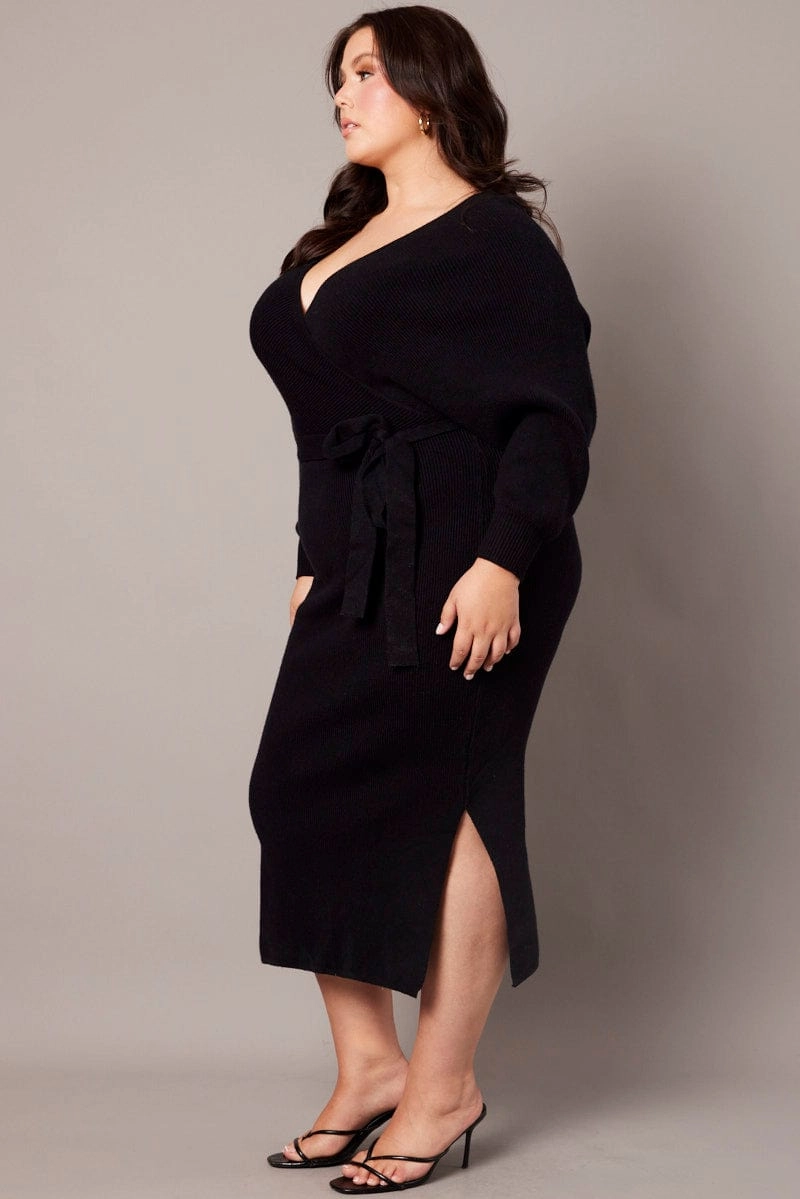 Black Knit Midi Dress Formal Style