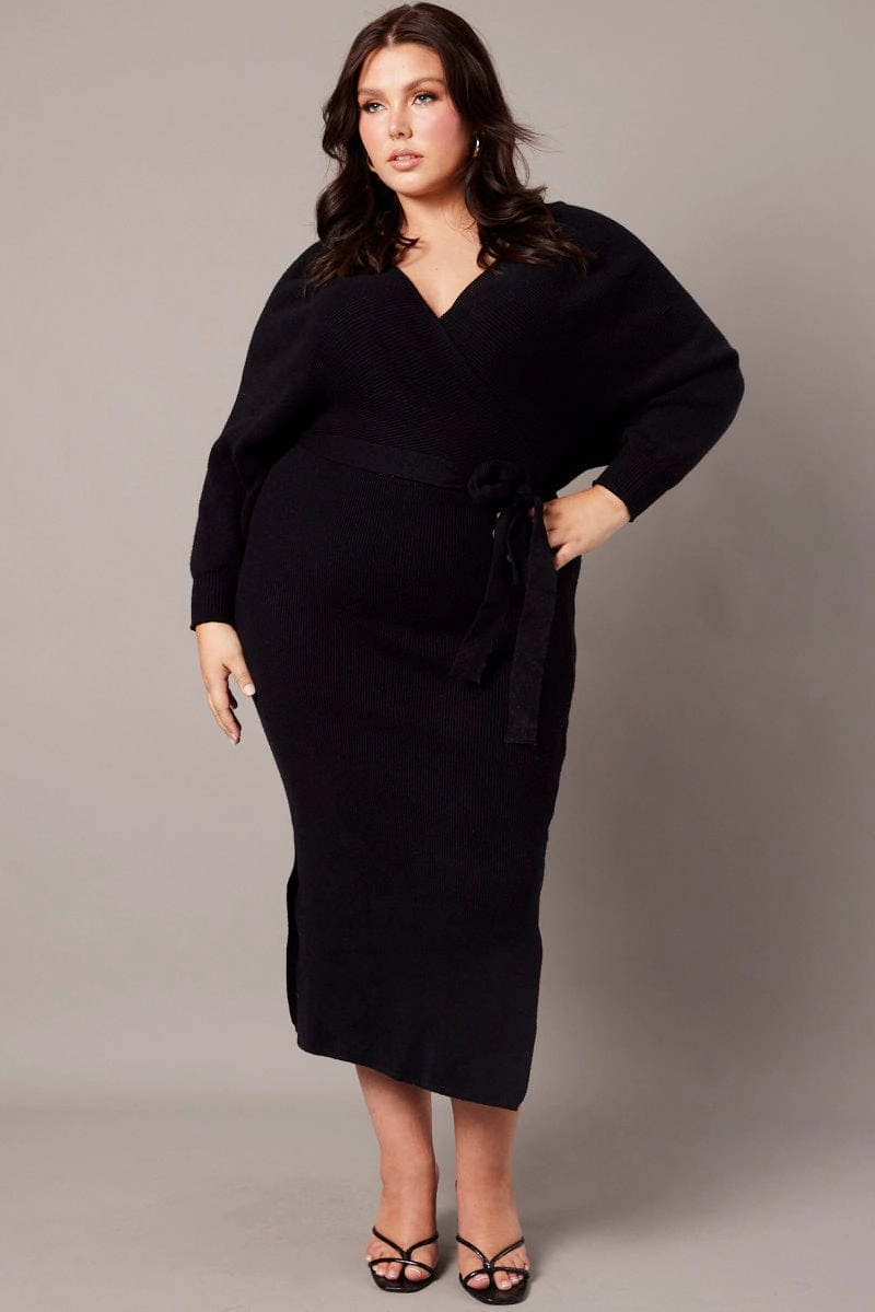 Elegant Charm Black Knit Midi Dress