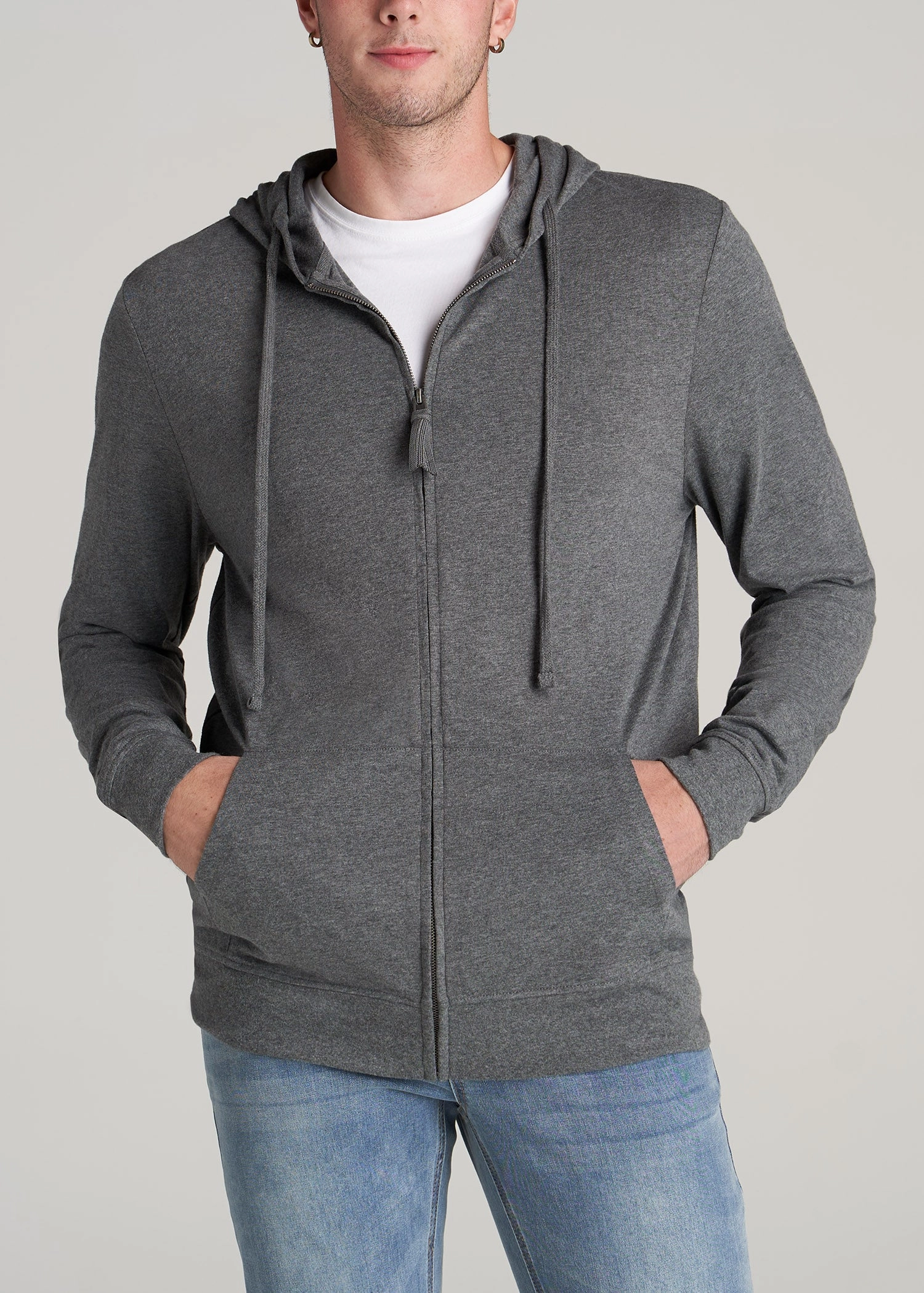 Long Sleeve Full Zip Jersey Hoodie for Tall Men in Charcoal Mix No pockets