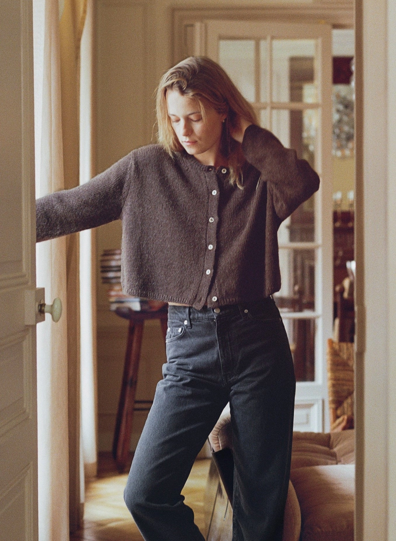 Everyday Cardigan, Baby Alpaca, Walnut Suede Shiny Finish