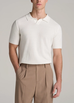 Linen Blend Ribbed Knit Polo Shirt for Tall Men in Ecru RaglanSleeve