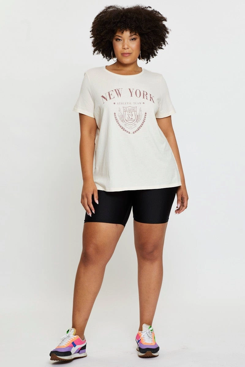 Beige Graphic T-shirt New York Crew Neck Short Sleeve Feminine Touch Fashionable Option