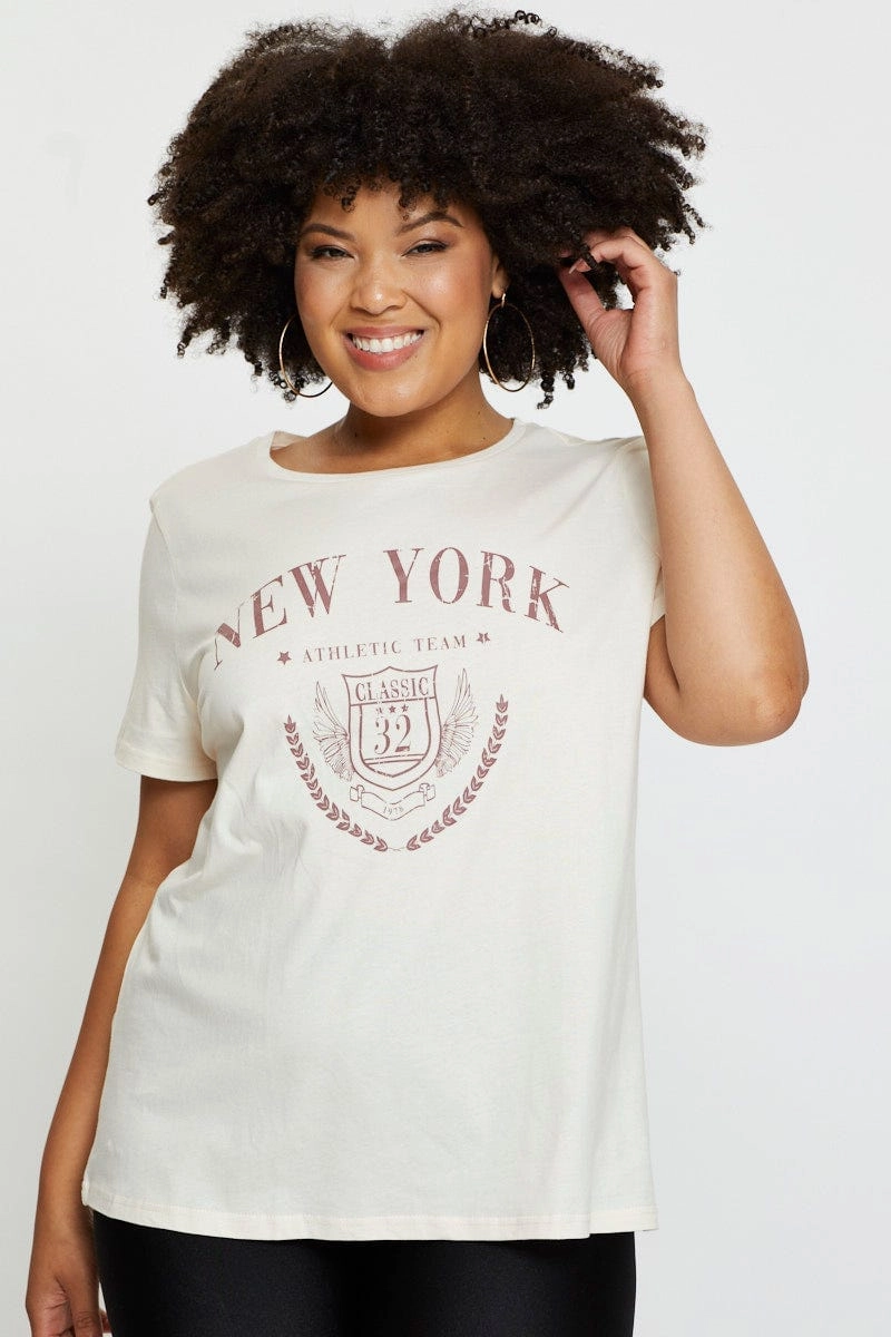 Beige Graphic T-shirt New York Crew Neck Short Sleeve Layering Wear