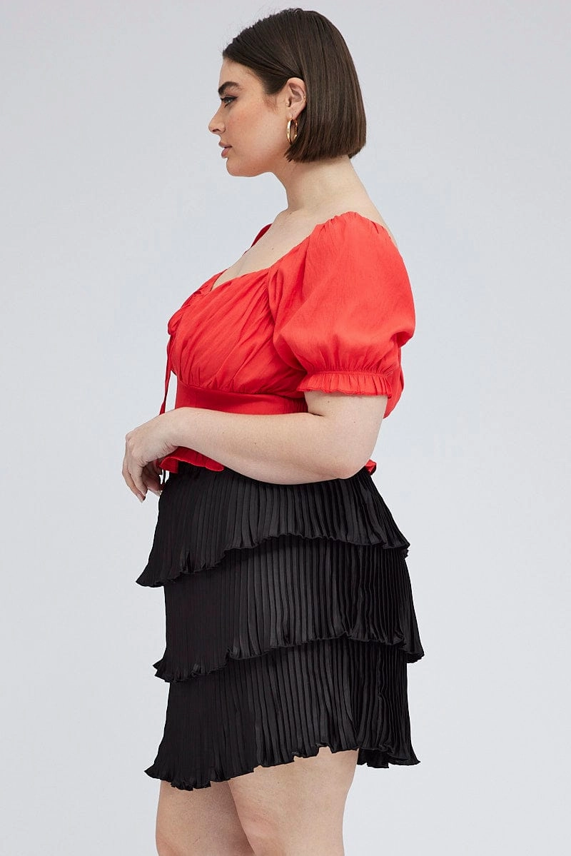 Black Mini Skirt Pleated Satin Layer Breezy Style