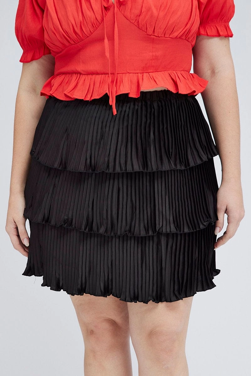 Black Mini Skirt Pleated Satin Layer Fashion Combo Recycled Polyester