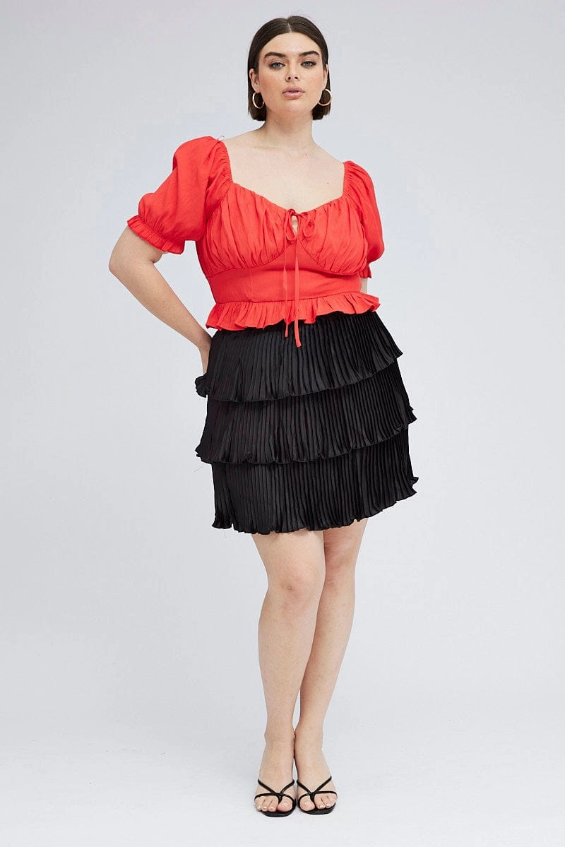 Black Mini Skirt Pleated Satin Layer Chill Wear Pocket Design