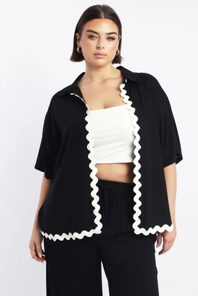 Black Ric Rac Shirt Short Sleeve Linen Blend Stylish Comfort Short Sleeve