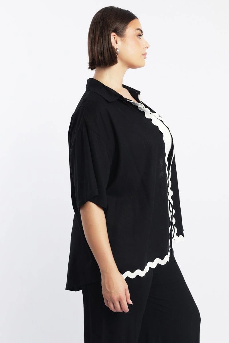 Black Ric Rac Shirt Short Sleeve Linen Blend Bold Pattern Perfect Wear