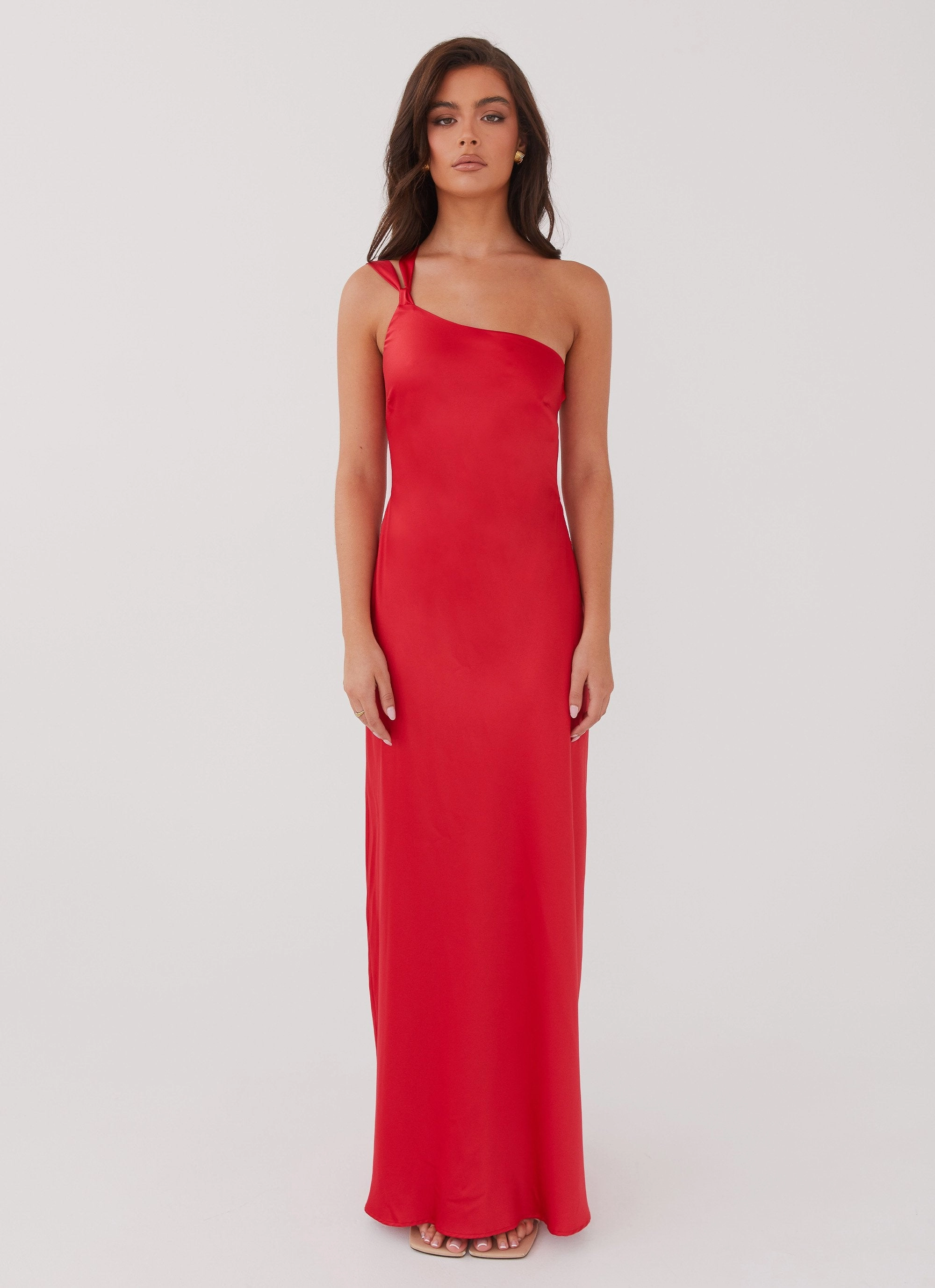Waist-Cinching Effortless Tailoring Delancy One Shoulder Maxi Dress - Rouge Red