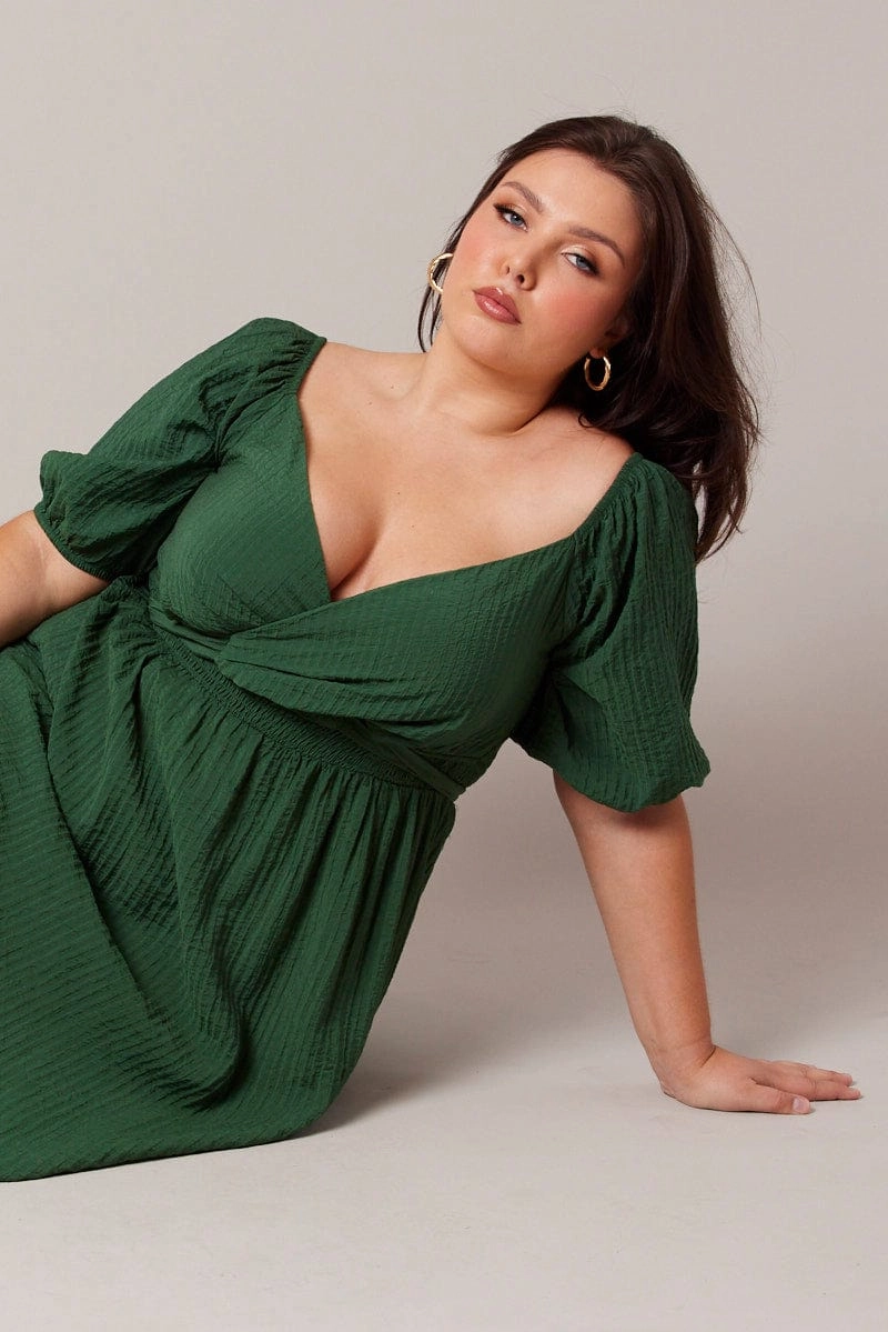 Flow Sleeve Striped-Pattern Green Midi Dress Textured Wrapover Elastic Waist Detail