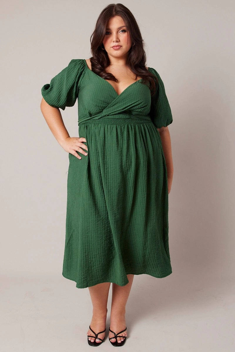 Flowy Layers Fashionable Design Green Midi Dress Textured Wrapover Elastic Waist Detail