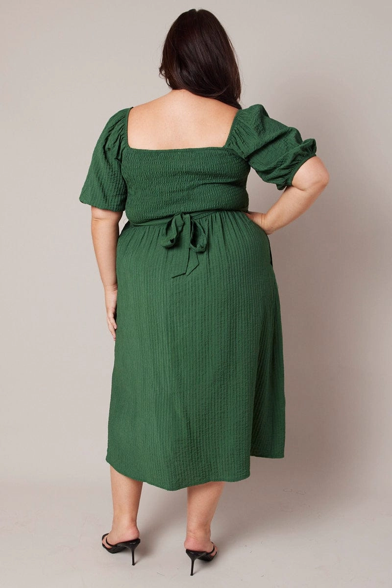 Green Midi Dress Textured Wrapover Elastic Waist Detail Summer Wardrobe Pure Fit