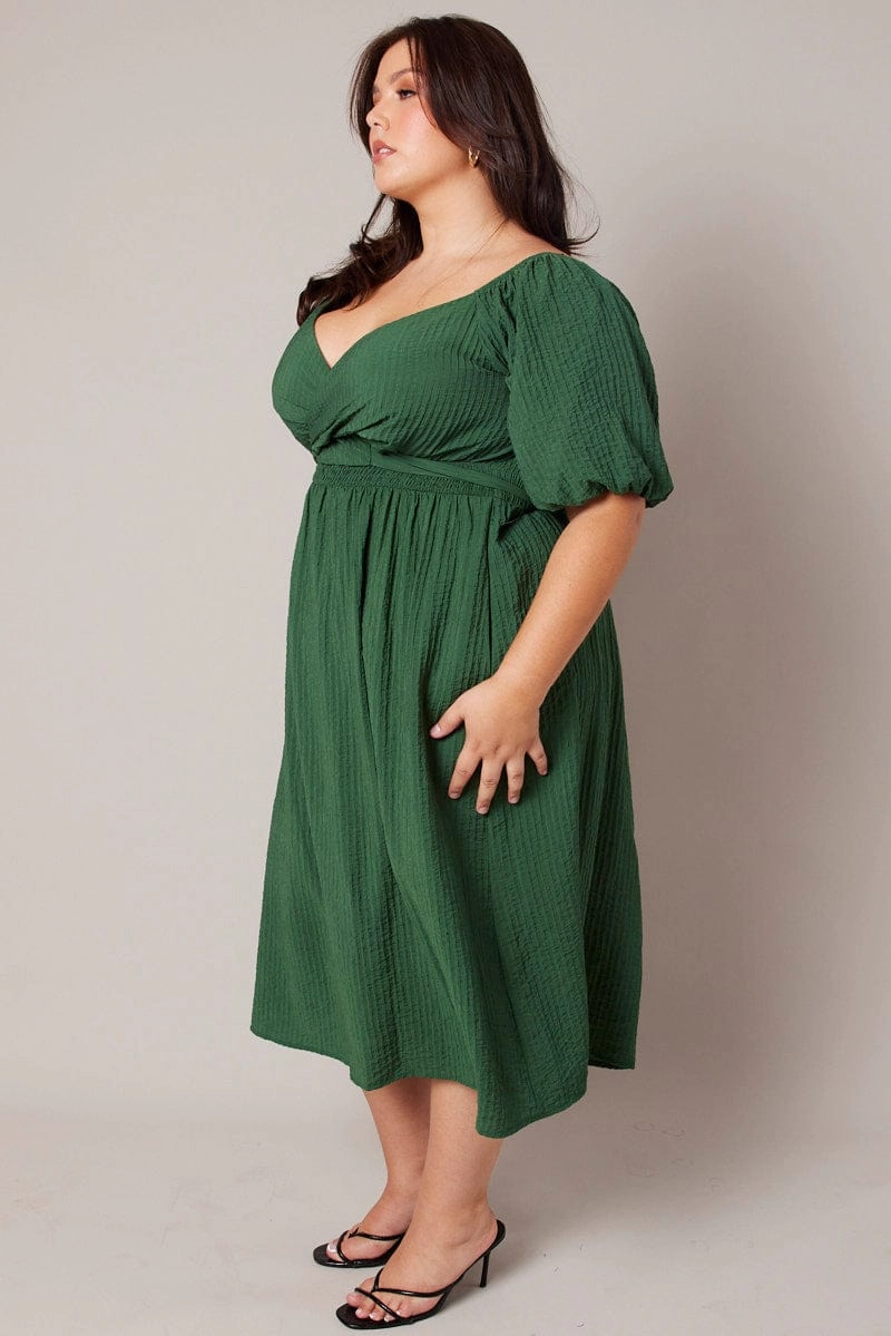 Green Midi Dress Textured Wrapover Elastic Waist Detail Simple Touch Luxury Feel