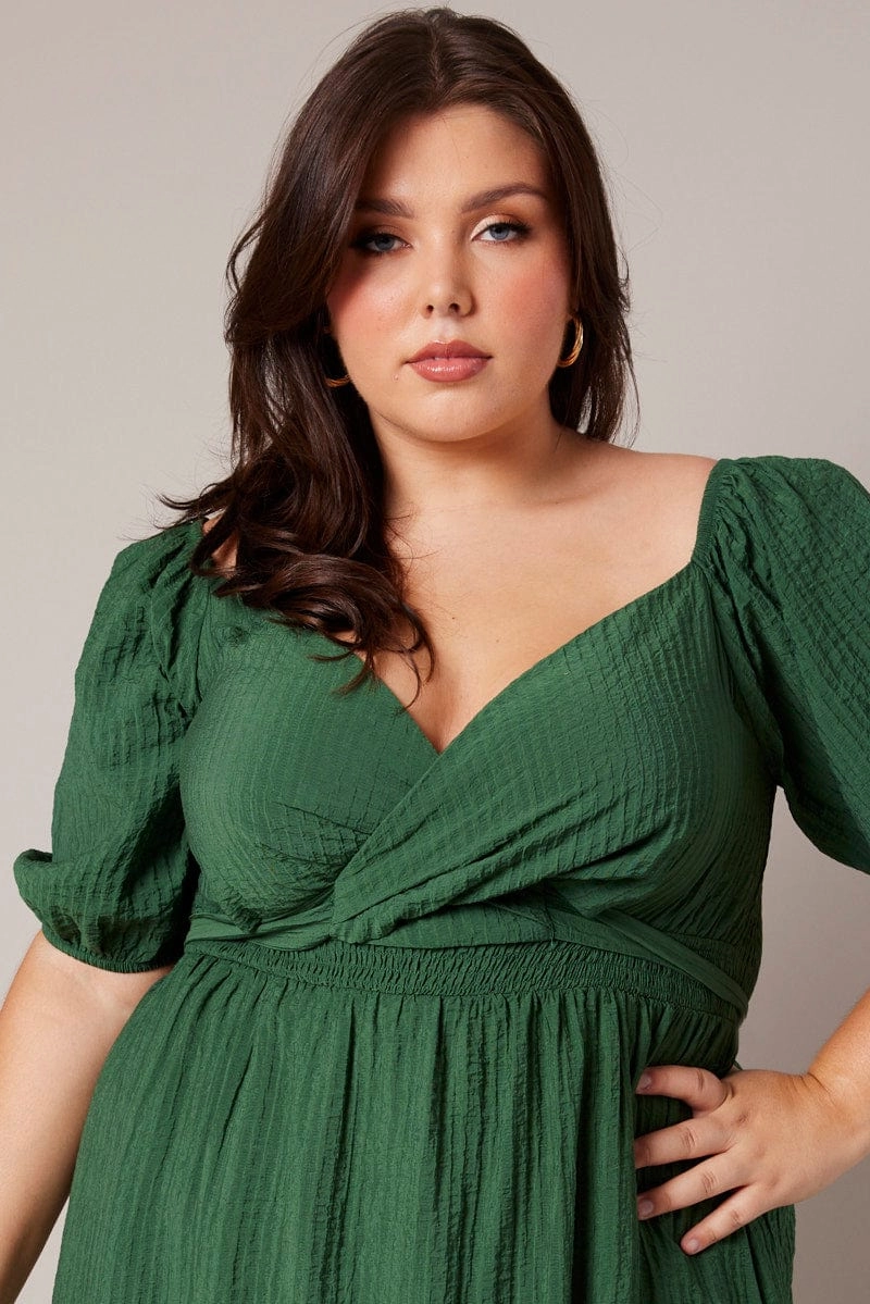 Green Midi Dress Textured Wrapover Elastic Waist Detail Vintage feel