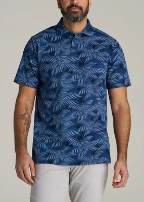Cotton Stretch Print Polo Shirt for Tall Men in Blue Palm Casual Design Active Layers
