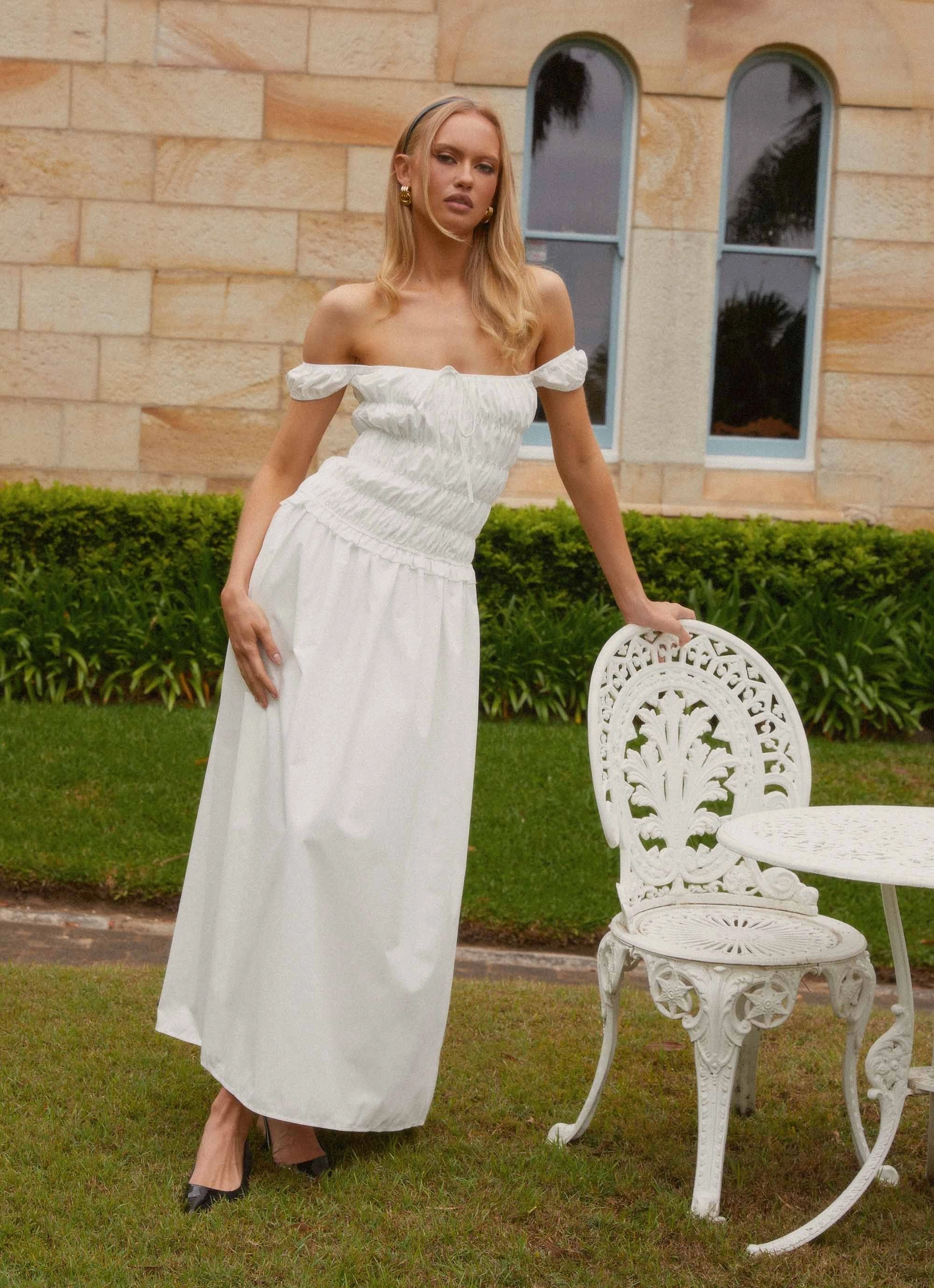 Countryside Off Shoulder Maxi Dress - Ivory Dressy Yet Comfortable