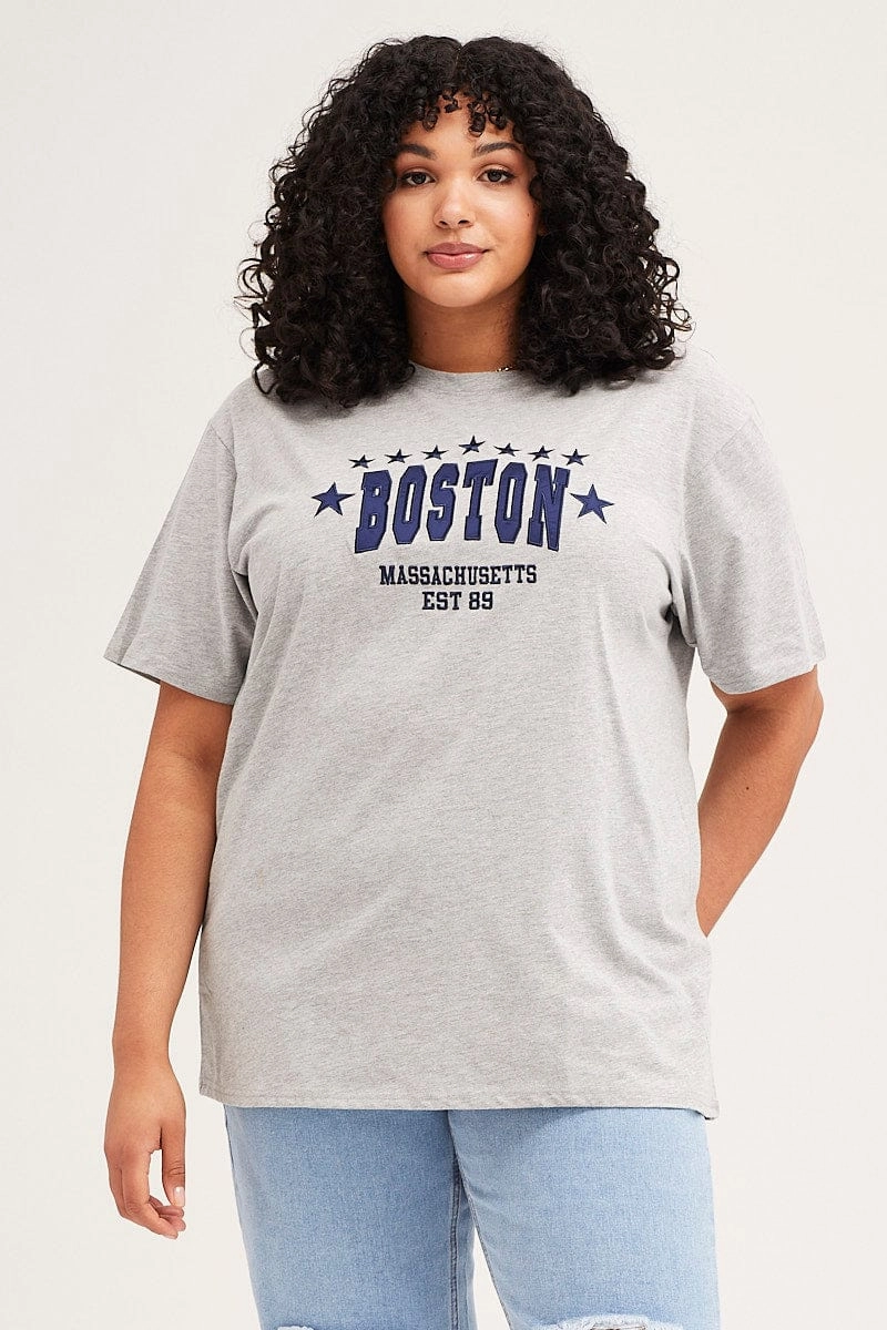 Grey Marle Short Sleeve Boston Oversized Embroidered T-shirt AntiStaticLining